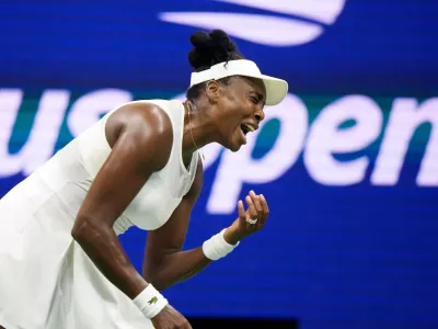 Venus Williams, of the United States, reacts during her first round match against compatriot Sofia Kenin at the U.S. Open tennis championships, Monday, Aug. 31, 2026, in New York. (AP Photo/Frank Franklin II)