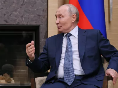 Russian President Vladimir Putin gestures as he speaks to Belarusian President Alexander Lukashenko during their talks at the Novo-Ogaryovo residence outside Moscow, on Saturday, Aug. 29, 2026. (Anastasia Barashkova/Pool Photo via AP)