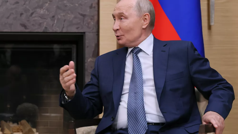 Russian President Vladimir Putin gestures as he speaks to Belarusian President Alexander Lukashenko during their talks at the Novo-Ogaryovo residence outside Moscow, on Saturday, Aug. 29, 2026. (Anastasia Barashkova/Pool Photo via AP)