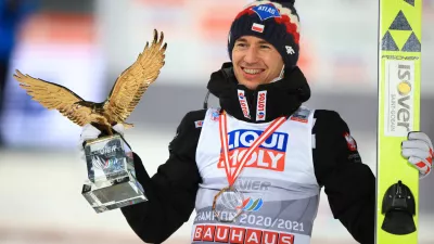 Ski Jumping - Four Hills Tournament - Bischofshofen, Austria - January 6, 2021 Poland's Kamil Stoch celebrates winning the Four Hills Tournament REUTERS/Lisi Niesner
