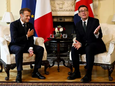Britain's Prime Minister Andy Burnham, right, speaks with French President Emmanuel Macron, left, during a bilateral meeting at 10 Downing Street in London, Thursday, Sept. 3, 2026. (Leon Neal/Pool Photo via AP)
