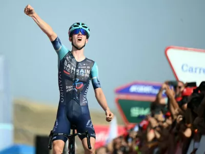 Team Bahrain's Slovenian rider Jakob Omrzel celebrates winning the 12th stage of the Vuelta a Espana 2026 cycling tour, a 166,6 km race between Vera and Calar Alto, on September 3, 2026.,Image: 1130429913, License: Rights-managed, Restrictions:, Model Release: no 