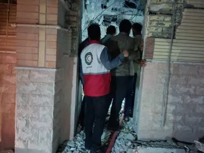 People survey damage at the site in the aftermath of a reported attack in Kuhistik, Sirik, Iran, September 1, 2026.  Iranian Red Crescent Society/Handout via REUTERS  THIS IMAGE HAS BEEN SUPPLIED BY A THIRD PARTY. NO RESALES. NO ARCHIVES. MANDATORY CREDIT.  VERIFICATION: - Building that matched corroborating eyewitness video and the road layout and electric tower nearby matched the archive and satellite imagery of the area. - Iranian media said telecommunications infrastructure and residential area were damaged after an attack on September 1. - No old results were found posted online before September 1.