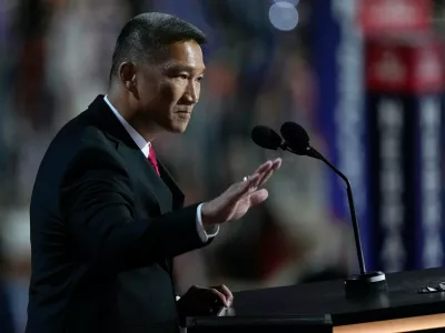 FILE - Hung Cao speaks during the Republican National Convention, July 16, 2024, in Milwaukee. (AP Photo/Matt Rourke, file)