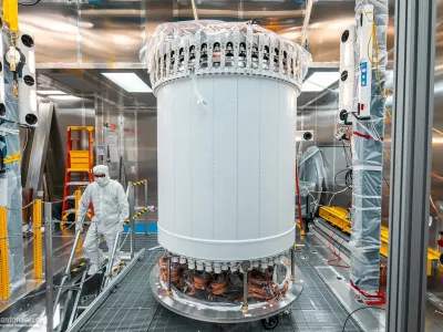The LUX-ZEPLIN dark matter experiment main detector in a surface lab before installation underground at the Sanford Underground Research Facility in Lead, South Dakota, U.S., in this undated handout photo. The detector is managed by the U.S. Department of Energy's Lawrence Berkeley National Laboratory. Matthew Kapust/Sanford Underground Research Facility/Handout via REUTERS  THIS IMAGE HAS BEEN SUPPLIED BY A THIRD PARTY.