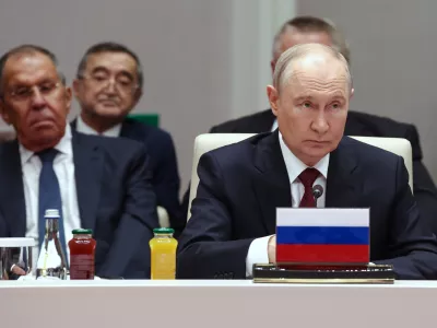 Russian President Vladimir Putin, right, and Russian Foreign Minister Sergey Lavrov, left, attend the Shanghai Cooperation Organization (SCO) summit, in Bishkek, Kyrgyzstan, on Tuesday, Sept. 1, 2026. (Vyacheslav Prokofyev, Sputnik, Kremlin Pool Photo via AP)