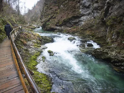 Gorje, soteska Vintgar.Blejski vintgar je 1,6 km dolga soteska na Gorenjskem, skozi katero tece reka Radovna.