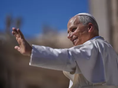 Pope Leo XIV leaves at the end of his weekly general audience in St. Peter's Square at the Vatican, Wednesday, Sept. 2, 2026. (AP Photo/Andrew Medichini)