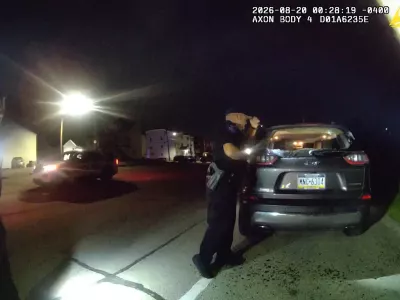 Police body cam footage released by the California Borough Police Department in Washington County, Pennsylvania shows the moment officers discovered the body of a college student in a vehicle in Washington County, Pa. on Thursday, Aug. 20, 2026. (California Borough Police Department via AP)