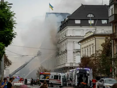 Firefighters work at a site of a building of the headquarters of Ukraine's SBU security service after a Russian drone strike, amid Russia's attack on Ukraine, in Kyiv, Ukraine September 4, 2026. REUTERS/Gleb Garanich