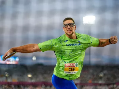 Kristjan Ceh of Slovenia makes an attempt in the men's discus throw final at the European Athletics Championships in Birmingham, England, Thursday, Aug. 13, 2026. (AP Photo/Matthias Schrader)