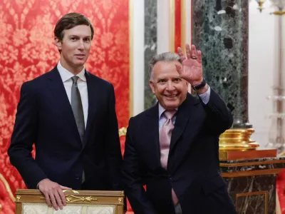 U.S. President Donald Trump's envoys Steve Witkoff, right, and&nbsp;Jared Kushner wait to attend the talks with Russian President Vladimir Putin at the Senate Palace of the Kremlin in Moscow, on Saturday, Sept. 5, 2026. (Gavriil Grigorov/Sputnik/Kremlin Pool Photo via AP)