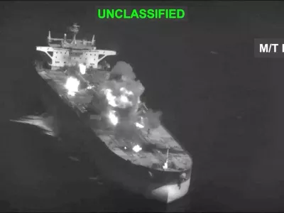 Fire and smoke rise during what U.S. Central Command (CENTCOM) says are strikes on Iranian oil carriers, at an unknown location in this screengrab taken from a handout video released on September 5, 2026. U.S. Central Command/Handout via REUTERS THIS IMAGE HAS BEEN SUPPLIED BY A THIRD PARTY. MANDATORY CREDIT. OVERLAY AND MASKING FROM SOURCE. REFILE - ADDING VERIFICATION LINE VERIFICATION: - Location and date could not be verified - No earlier version of the video found posted online before September 5   TPX IMAGES OF THE DAY
