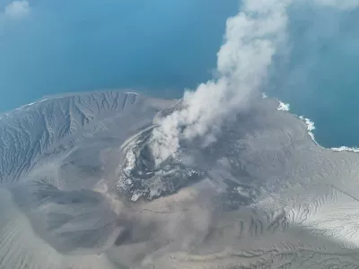 In this drone photo released by the Geological Agency (Badan Geologi) of Indonesia's Ministry of Energy and Mineral Resources, Mount Anak Krakatau spews volcanic smoke in Sunda Strait, Indonesia, Saturday, Sept. 5, 2026. (Badan Geologi via AP)