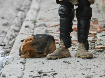 A dog sleeps next to a military officer among the debris, a day after loud explosions that left people dead and injured at a military barracks, in Viacha, Bolivia, September 5, 2026. REUTERS/Claudia Morales