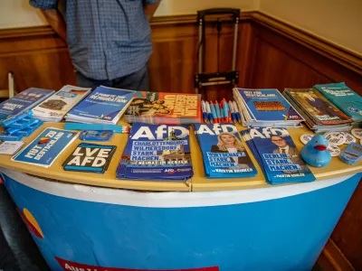 Alternative for Germany party campaign flyers, pamphlets, pens and promotional items are displayed at Charlottenburg Town Hall in Berlin, Germany, on Saturday, August 22, 2026. The materials promote the far-right AfD and several of its Berlin representatives ahead of the September 20 state election. (Photo by Michael Kuenne/PRESSCOV/Sipa USA)