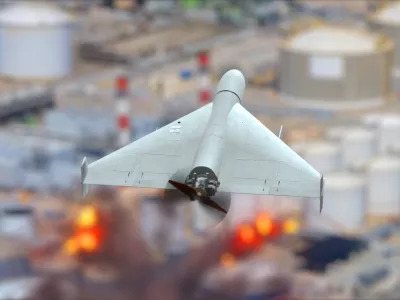 Military drone attack on oil refinery, oil depot fire, explosions and fire.