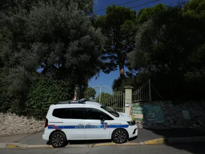 A French municipal police car is parked in front of the entrance of the Renoir Museum after four paintings were stolen by thieves in an early-morning break-in, with two recovered nearby, in Cagnes-sur-Mer, on the French Riviera, France, September 8, 2026. REUTERS/Manon Cruz