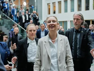 Co-leaders of Alternative for Germany party, or AfD, Alice Weidel, leaves a press conference in Berlin, Germany, Monday, Sept. 7, 2026. (AP Photo/Ebrahim Noroozi)