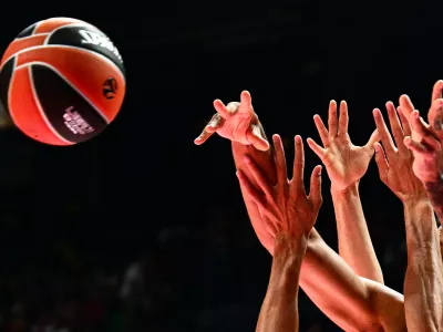 Players jump for the ball during the EuroLeague "Final Four" semi-final basketball match between Valencia Basket Club and Real Madrid Baloncesto at the Telekom Center Athens in Athens on May 22, 2026.,Image: 1104225328, License: Rights-managed, Restrictions:, Model Release: no 