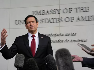 U.S. Secretary of State Marco Rubio speaks to the press outside the U.S. embassy in Quito, Ecuador, September 9, 2026. Dolores Ochoa/Pool via REUTERS