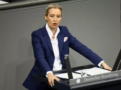 FILE PHOTO: Alternative for Germany (AfD) co-leader Alice Weidel speaks during a session of the lower house of the German parliament, the Bundestag, in Berlin, Germany, January 29, 2026. REUTERS/Liesa Johannssen/File Photo