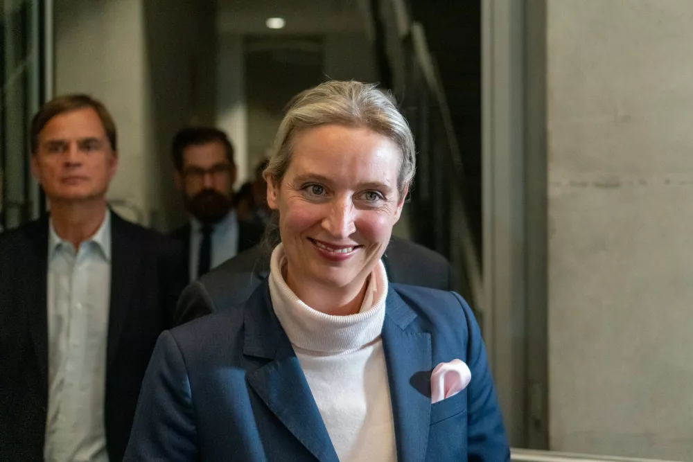 Berlin, Germany - March 24, 2025: Press statement by the AfD parliamentary group in the Marie-Elisabeth-L&uuml;ders-Haus, German Bundestag after the party s parliamentary group meeting. Dr. Alice Weidel *** Pressestatement der AfD-Bundestagsfraktion im Marie-Elisabeth-L&uuml;ders-Haus, Deutscher Bundestag nach der Fraktionssitzung der Partei. Frau Dr. Alice Weidel,Image: 979070383, License: Rights-managed, Restrictions: imago is entitled to issue a simple usage license at the time of provision. Personality and trademark rights as well as copyright laws regarding art-works shown must be observed. Commercial use at your own risk., Model Release: no