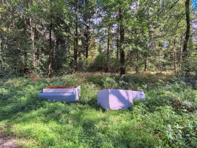24.09.2025. Odvržena sedežna garnitura v gozdu v Krajinskem parku Barje na območju Gmajnic. Onesnaževanje, ekologija. Foto: Bojan Velikonja 