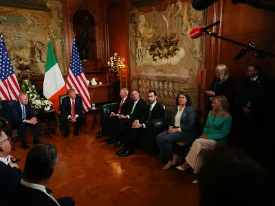 Ireland's Prime Minister Miche&aacute;l Martin, center left, and U.S. President Donald Trump during a meeting at Farmleigh House in Dublin, Saturday, Sept. 12, 2026. (AP Photo/Julia Demaree Nikhinson)