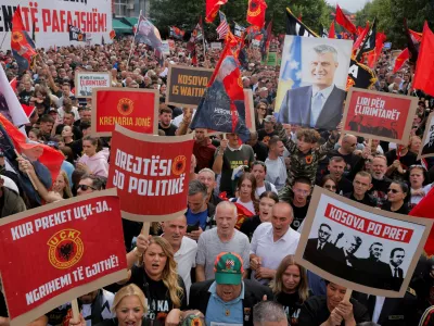 Thousands of people attend the "March for Freedom" called by war veterans in support of former President Hashim Thaci and other former Kosovo Liberation Army (KLA) members ahead of the final verdict in their war crimes trial at the Kosovo Specialist Chambers in The Hague, in Pristina, Kosovo September 12, 2026. REUTERS/Valdrin Xhemaj