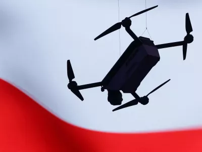 A drone is displayed in front of a Polish flag at the WB Group exhibition during the first day of the International Defence Industry Exhibition (MSPO) in Kielce, Poland, September 8, 2026. REUTERS/Kacper Pempel