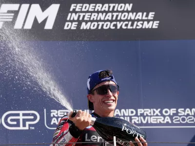 Spain's rider Marc Marquez of the Ducati Lenovo Team celebrates after winning the MotoGP race of the San Marino and the Rimini Riviera Grand Prix in Misano Adriatico, Italy, Sunday, Sept. 13, 2026. (AP Photo/Antonio Calanni)