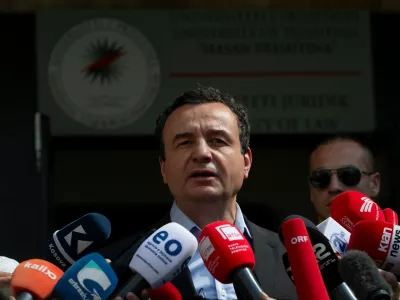 Kosovo's acting Prime Minister and Vetevendosje party leader Albin Kurti adresses media after voting in parliamentary election in Kosovo capital Pristina, on Sunday, June 7, 2026. (AP Photo/Visar Kryeziu)