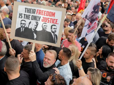 Thousands of people attend the "March for Freedom" called by war veterans in support of former President Hashim Thaci and other former Kosovo Liberation Army (KLA) members ahead of the final verdict in their war crimes trial at the Kosovo Specialist Chambers in The Hague, in Pristina, Kosovo September 12, 2026. REUTERS/Valdrin Xhemaj