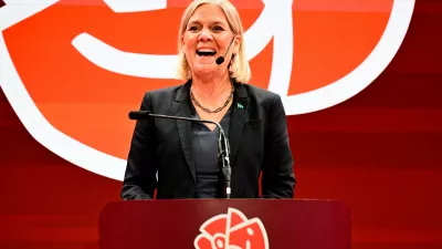 Social Democrats party leader Magdalena Andersson speaks during the Social Democrats' election night watch party, Sunday, Sept. 13, 2026, in Stockholm. (Jonas Ekströmer/TT News Agency via AP)