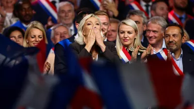 Marine Le Pen, French far-right leader and member of parliament, who is running in the 2027 French presidential election for the Rassemblement National (National Rally - RN), blows a kiss to the crowd as she delivers a speech in Henin-Beaumont, northern France, September 13, 2026. REUTERS/Sarah Meyssonnier
