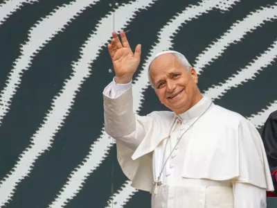 Pope Leo XIV waves as he arrives at the Vatican Library on the day of his 71st birthday, Monday, Sept. 14, 2026, during a press preview of the exhibit ""AQVA, Catastrophe and Wonder," which will be open to the public from Sept. 25 through May 14, 2027. (AP Photo/Andrew Medichini)