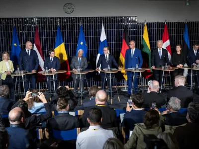European Commission Vice-President Kaja Kallas, President of Lithuania Gitanas Nauseda, President of the European Council Antonio Costa, Prime Minister of Latvia Andris Kulbergs, Finnish Prime Minister Petteri Orpo, Prime Minister of Estonia Kristen Michal, Prime Minister of Denmark Mette Frederiksen, German Chancellor Friedrich Merz and President of Romania Nicusor Dan attend the leaders' joint press conference of The European Arctic Summit, in Rovaniemi, Finland, on September 14, 2026. Lehtikuva/Jouni Porsanger via REUTERS   ATTENTION EDITORS - THIS IMAGE WAS PROVIDED BY A THIRD PARTY. NO THIRD PARTY SALES. NOT FOR USE BY REUTERS THIRD PARTY DISTRIBUTORS. FINLAND OUT. NO COMMERCIAL OR EDITORIAL SALES IN FINLAND.