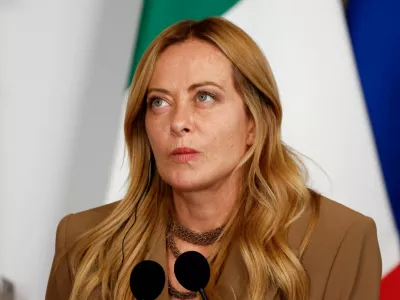 FILE PHOTO: Italian Prime Minister Giorgia Meloni looks on, as she and Belgian Prime Minister Bart De Wever deliver joint statements following their meeting at Palazzo Chigi in Rome, Italy, September 7, 2026. REUTERS/Remo Casilli/File Photo