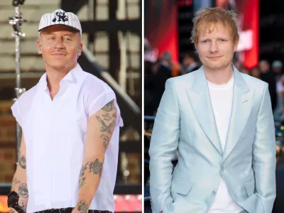 Recording artist Macklemore appears on ABC's "Good Morning America" Summer Concert Series in Central Park in New York on July 22, 2022, left, and Ed Sheeran appears at the premiere of the film "F1 The Movie" in London on June 23, 2025. (AP Photo)