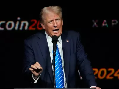 FILE - Republican presidential candidate former President Donald Trump speaks at the Bitcoin Conference, July 27, 2024, in Nashville, Tenn. (AP Photo/Mark Humphrey, File)