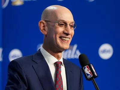 NBA Commissioner Adam Silver speaks prior to Game 1 of the NBA Finals basketball series between the New York Knicks and the San Antonio Spurs, Wednesday, June 3, 2026, in San Antonio. (AP Photo/Eric Gay)