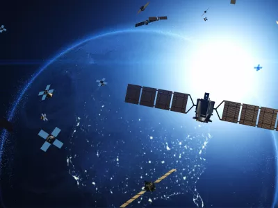 Advancing Telecommunication and High-Speed Internet. Satellites Flying Around Earth. Industry And Technology Related 3D Render.