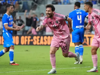 Inter Miami's Lionel Messi (10) celebrates after scoring a goal during the first half of the Campeones Cup soccer match against Cruz Azul, Wednesday, Sept. 16, 2026, in Miami. (AP Photo/Lynne Sladky)