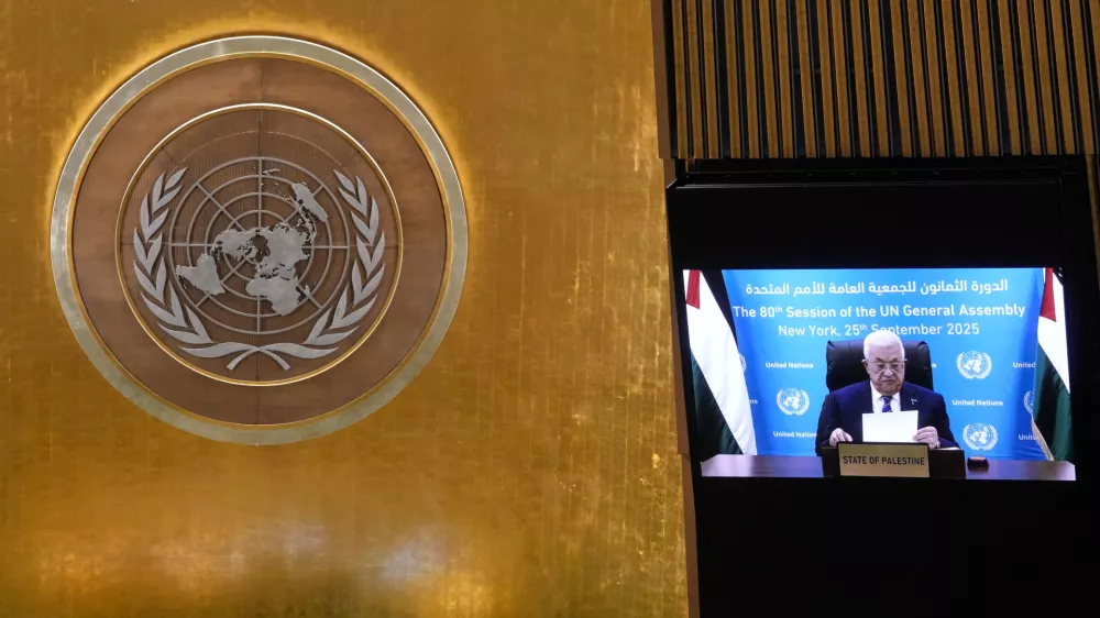 Palestine President Mahmoud Abbas addresses the 80th session of the United Nations General Assembly via video, Thursday, Sept. 25, 2025. (AP Photo/Richard Drew)
