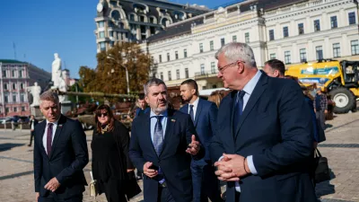 From left: Slovenian Minister of Defence Valentin Hajdinjak, Slovenian Foreign Minister Tone Kajzer and Ukrainian Foreign Minister Andrii Sybiha walk at Saint Michael's Square in Kyiv, Ukraine, on Thursday, September 17, 2026. (AP Photo/Evgeniy Maloletka)