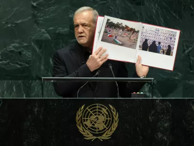 Iran's President Masoud Pezeshkian addresses the 81st United Nations General Assembly (UNGA) at UN headquarters in New York City, US, September 23, 2026. REUTERS/CAITLIN OCHS