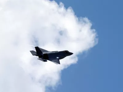 An F35 fighter jet from the Vermont Air National Guard's 134th fighter squadron flies by for the first time as part of NATO's security policy at Skopje Airport, North Macedonia June 17, 2022.REUTERS/Ognen Teofilovski