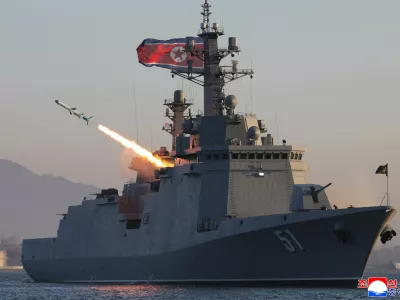 A missile is fired during a test-fire of strategic cruise missiles and anti-warship missiles from the destroyer Choe Hyon, North Korea, April 12, 2026, in this photo released by North Korea's Korean Central News Agency (KCNA), April 14, 2026. KCNA via REUTERS ATTENTION EDITORS - THIS IMAGE WAS PROVIDED BY A THIRD PARTY. REUTERS IS UNABLE TO INDEPENDENTLY VERIFY THIS IMAGE. NO THIRD PARTY SALES. SOUTH KOREA OUT. NO COMMERCIAL OR EDITORIAL SALES IN SOUTH KOREA.   TPX IMAGES OF THE DAY