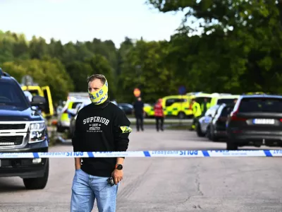 Police and emergency personnel outside Brinellskolan during a major emergency response after a man with a sword reportedly injured several people at the school in Fagersta, Sweden on august 21, 2026.,Image: 1126912891, License: Rights-managed, Restrictions:, Model Release: no 